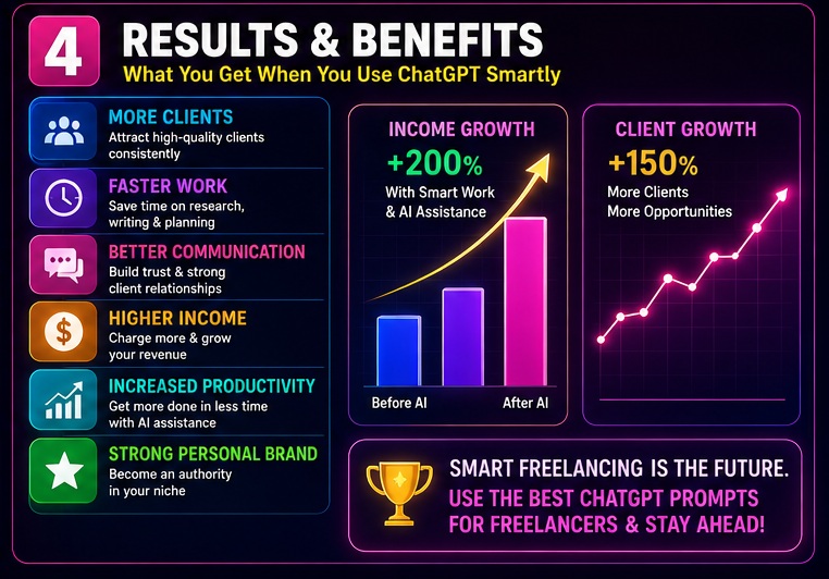 Benefits of Best ChatGPT Prompts for Freelancers including more clients higher income better productivity and stronger personal brand