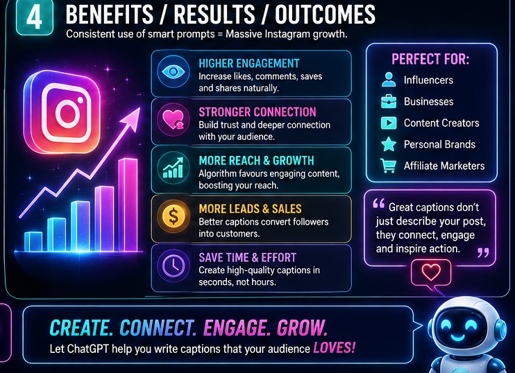 Benefits of ChatGPT Prompts for Instagram Captions including higher engagement more reach stronger audience connection and growth