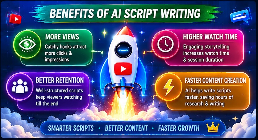 Benefits of ChatGPT Prompts for YouTube Script Writing including higher watch time better retention and faster content creation