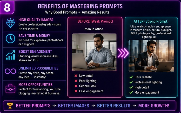 Benefits of mastering Leonardo AI prompts with comparison of weak prompts versus strong prompts and improved results