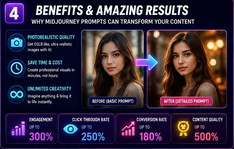 Benefits of Midjourney prompts for realistic images including better quality higher engagement and professional content creation