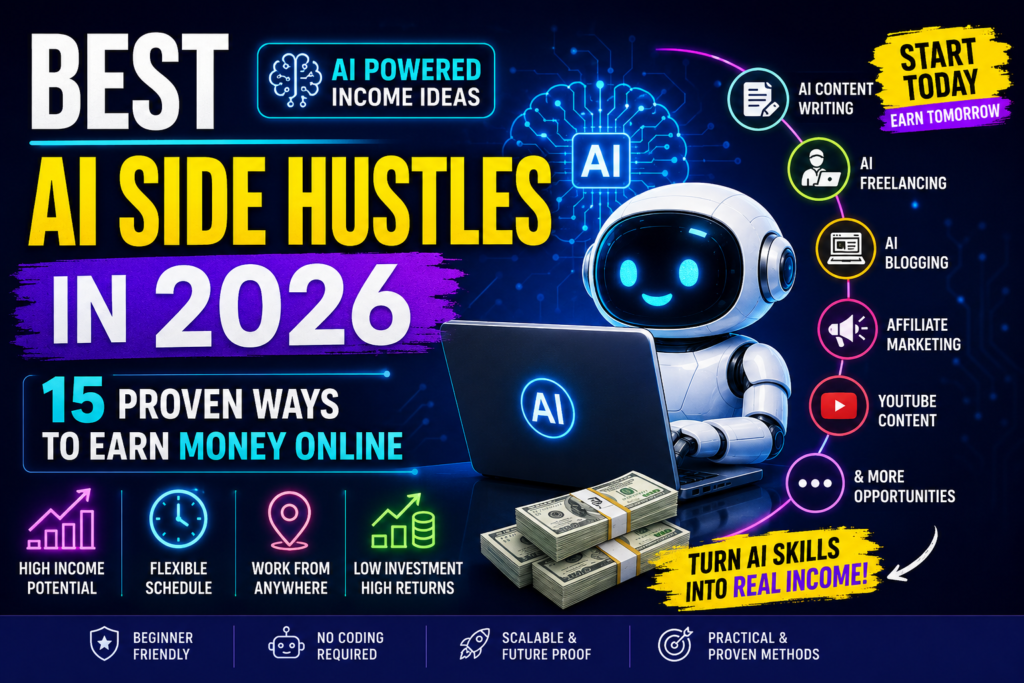 Best AI Side Hustles in 2026 infographic showing AI-powered ways to earn money online through freelancing, blogging, affiliate marketing, content creation, and digital services