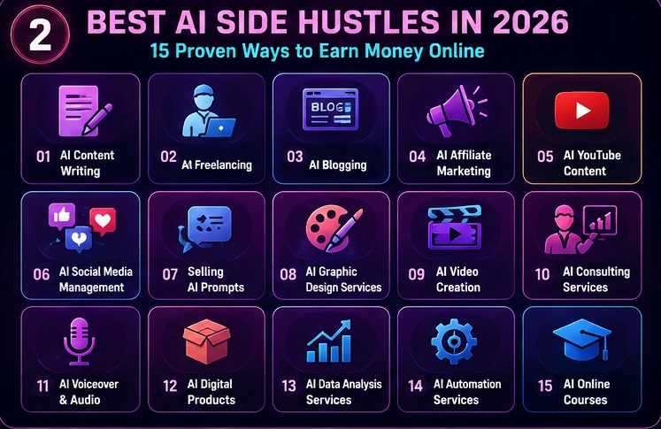 Best AI side hustles in 2026 infographic featuring content writing freelancing blogging affiliate marketing and AI services