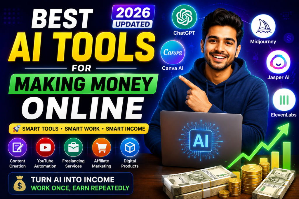 Best AI Tools for Making Money Online featured image showing top AI tools for blogging YouTube freelancing and affiliate marketing