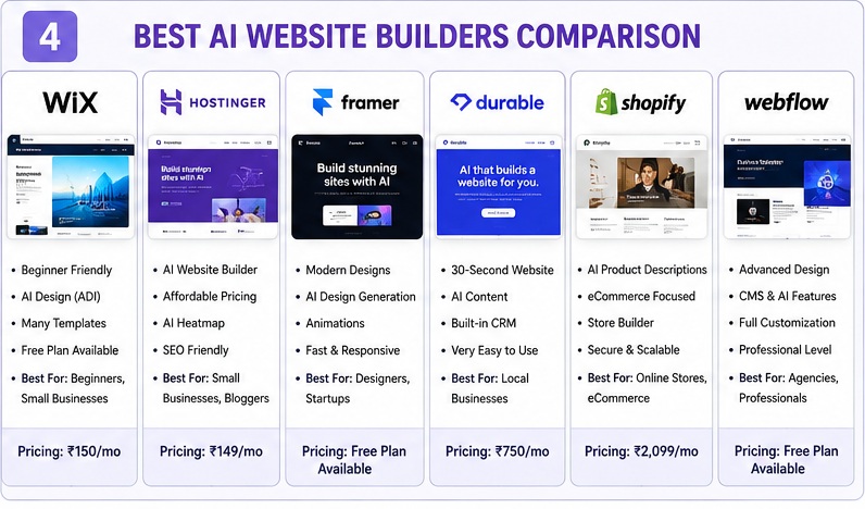Best AI Tools for Website Creation comparison chart for beginners