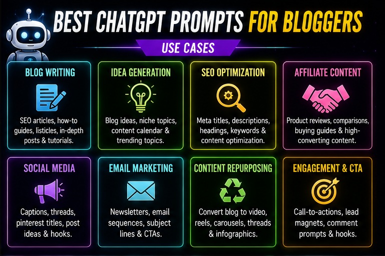 Best ChatGPT prompts for bloggers use cases including SEO writing affiliate marketing and content repurposing