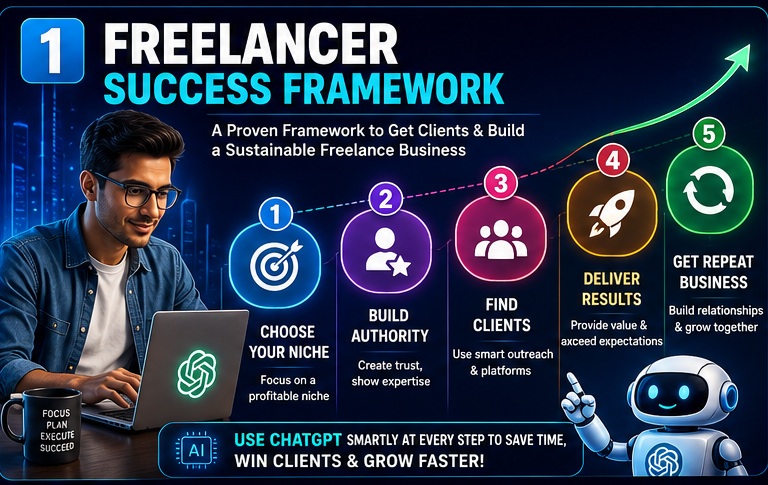 Best ChatGPT Prompts for Freelancers success framework showing niche selection authority building client acquisition and business growth