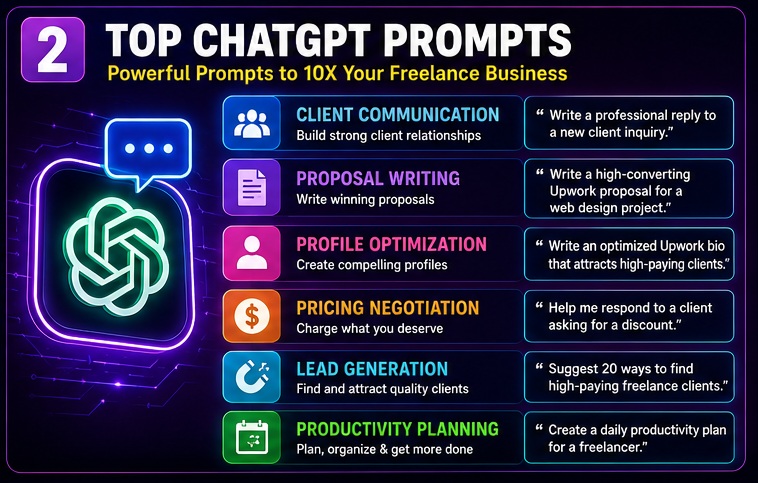 Best ChatGPT Prompts for Freelancers including proposal writing client communication lead generation and pricing negotiation