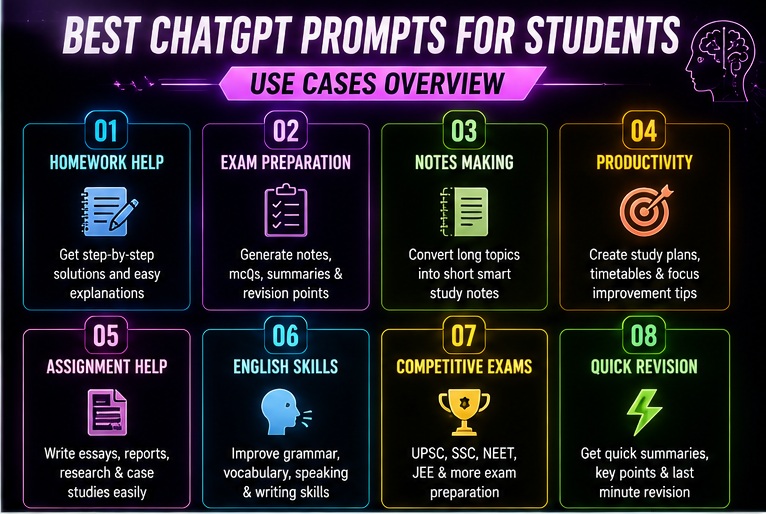 Best ChatGPT prompts for students use cases including homework notes productivity and competitive exam preparation