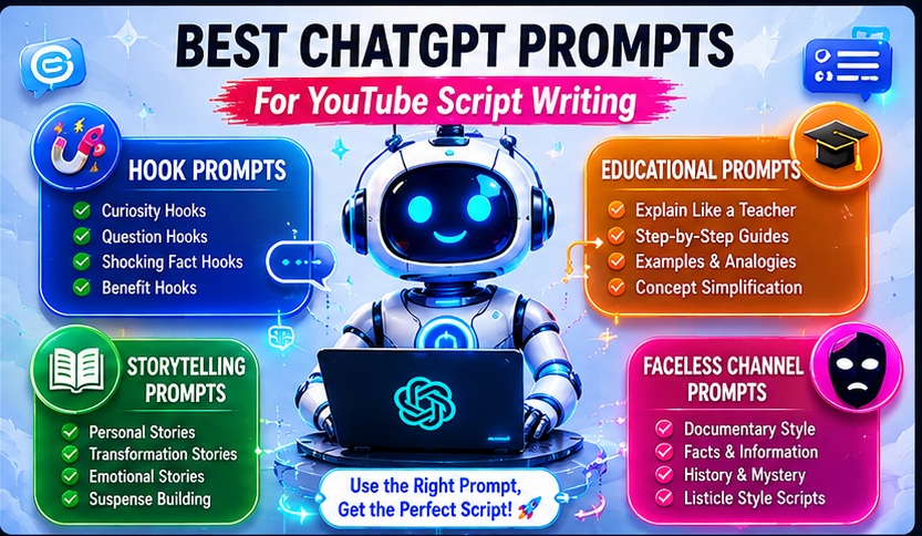 Best ChatGPT Prompts for YouTube Script Writing including hook prompts storytelling prompts educational prompts and faceless channel prompts