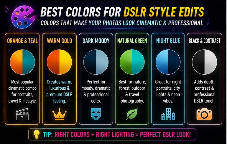 Best colors for DSLR style AI editing prompts for mobile photos and cinematic color grading