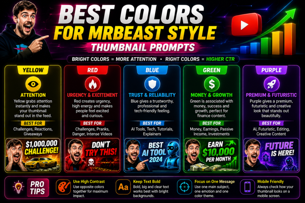 Best colors for MrBeast style thumbnail prompts and high CTR YouTube thumbnails
