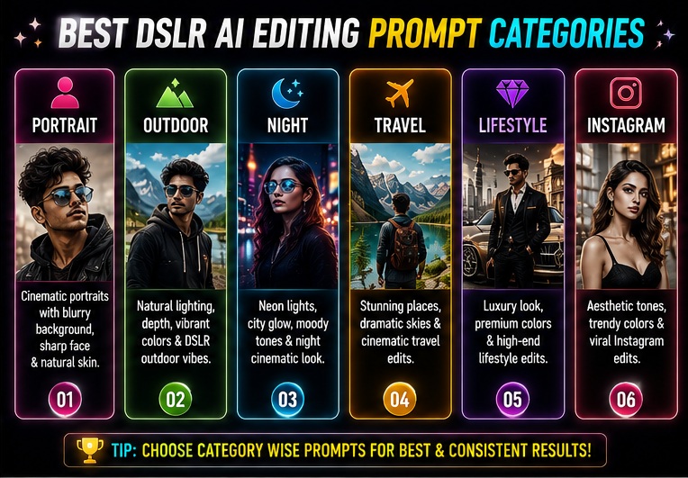DSLR style AI editing prompts for mobile photos categories including portrait travel and Instagram edits