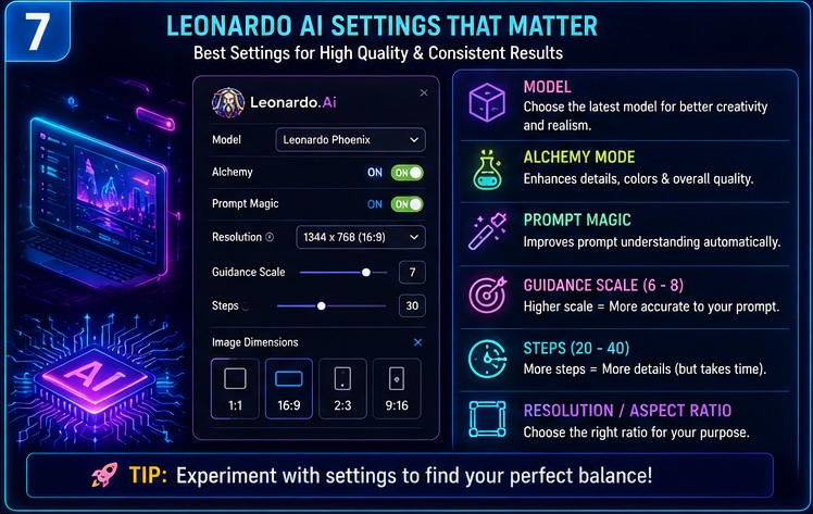 Best Leonardo AI settings including guidance scale prompt magic alchemy mode and image dimensions