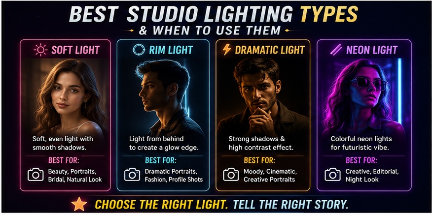 Best studio lighting AI photo prompts types including soft light rim light dramatic light and neon lighting