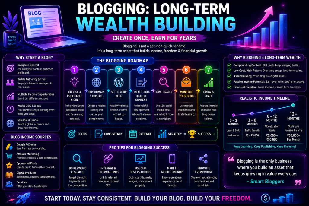 Blogging long-term wealth building roadmap showing niche selection content creation traffic monetization and passive income growth