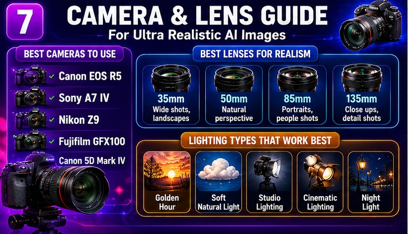 Best camera and lens settings for Midjourney realistic image prompts including Canon Sony Nikon and portrait lenses