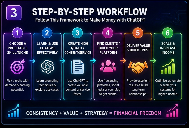 Step by step workflow to make money with ChatGPT from skill selection to client acquisition and scaling