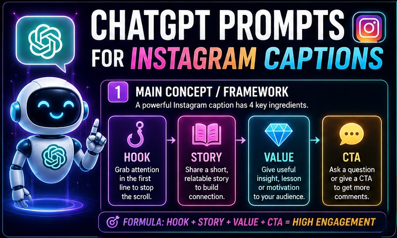 ChatGPT Prompts for Instagram Captions framework showing hook story value and CTA strategy for higher engagement