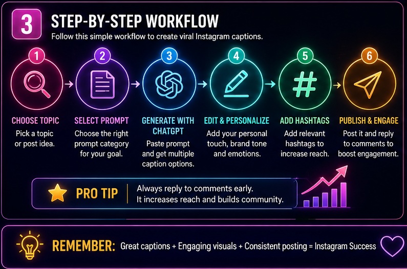 Step by step workflow using ChatGPT Prompts for Instagram Captions from idea generation to publishing