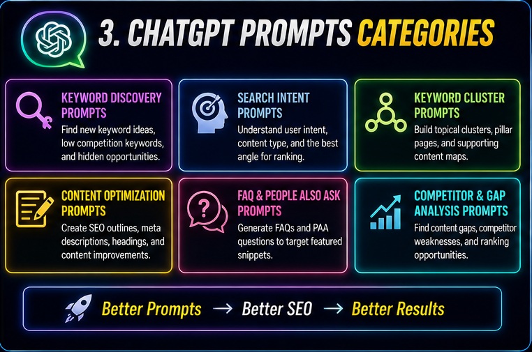 ChatGPT prompts for SEO & keyword research categories including semantic SEO keyword clusters and FAQs