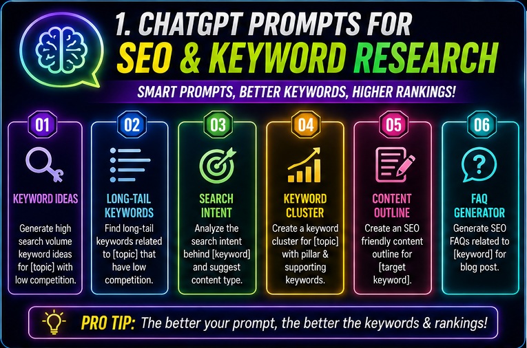 ChatGPT prompts for SEO & keyword research overview for keyword ideas search intent and SEO rankings