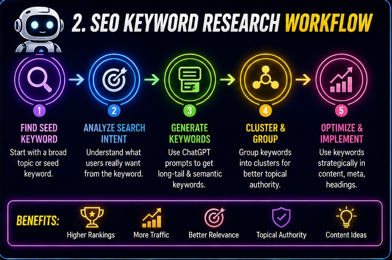 ChatGPT prompts for SEO & keyword research workflow for keyword clustering and SEO optimization