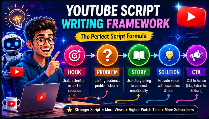 ChatGPT Prompts for YouTube Script Writing framework showing hook problem story solution and CTA structure