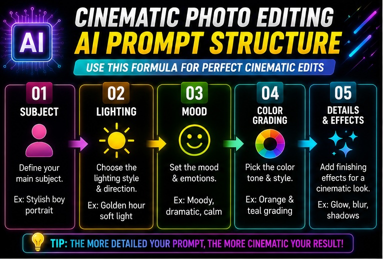 Cinematic photo editing AI prompts structure for movie-style cinematic edits
