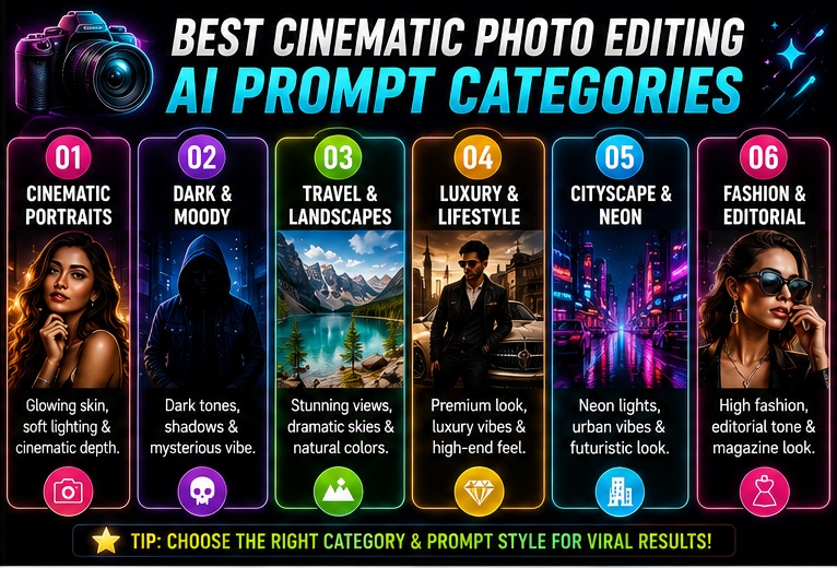 Cinematic photo editing AI prompts categories for portraits travel and luxury edits