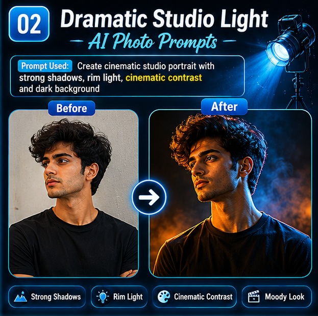 Studio lighting AI photo prompts before and after dramatic cinematic portrait lighting effect