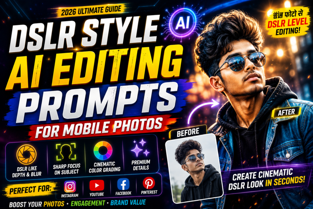 DSLR style AI editing prompts for mobile photos with cinematic DSLR effects and professional mobile photo editing