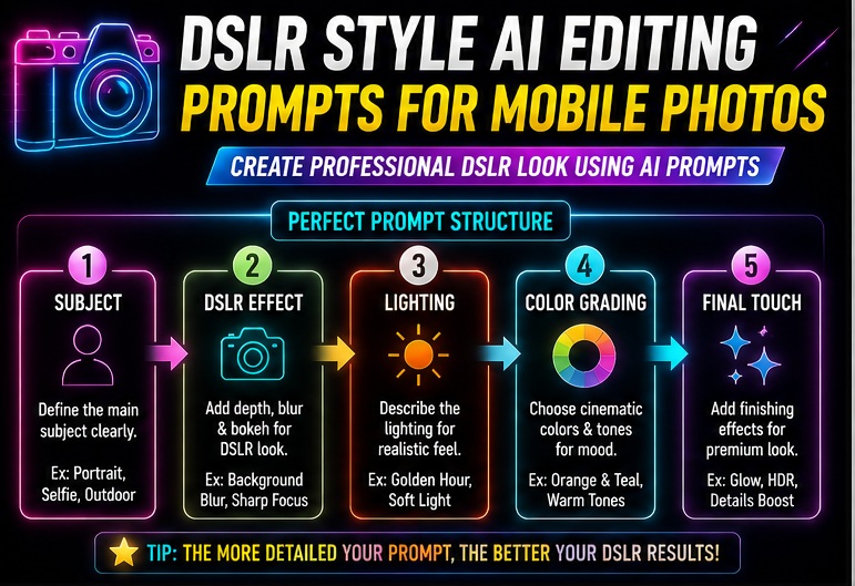 DSLR style AI editing prompts for mobile photos structure for cinematic DSLR edits