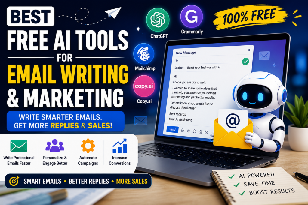 Free AI Tools for Email Writing & Marketing featured image showing AI email tools for smarter email campaigns and sales