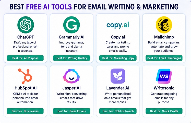 Free AI Tools for Email Writing & Marketing including ChatGPT Grammarly and Mailchimp