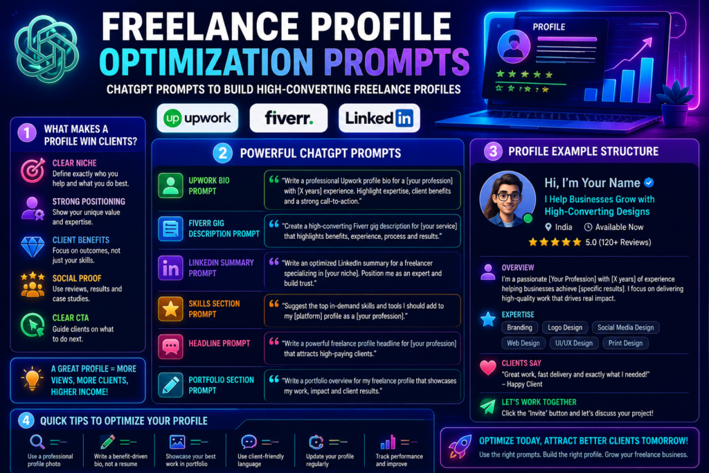 Best ChatGPT Prompts for Freelancers freelance profile optimization prompts for Upwork Fiverr LinkedIn profile improvement and client acquisition