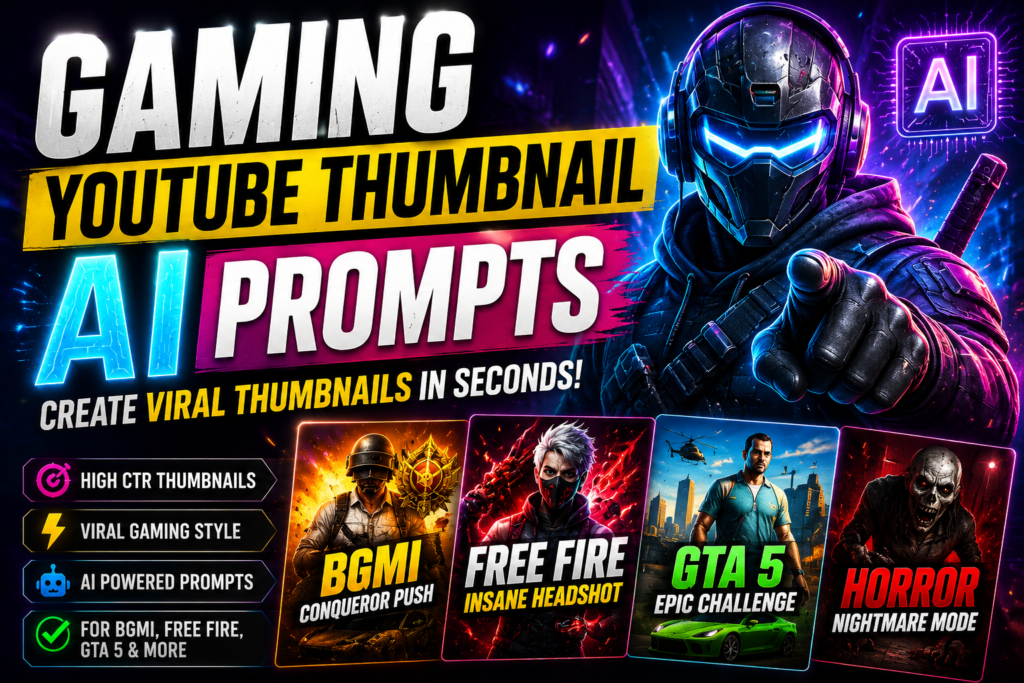 Gaming YouTube thumbnail AI prompts for BGMI Free Fire GTA 5 and viral gaming thumbnails