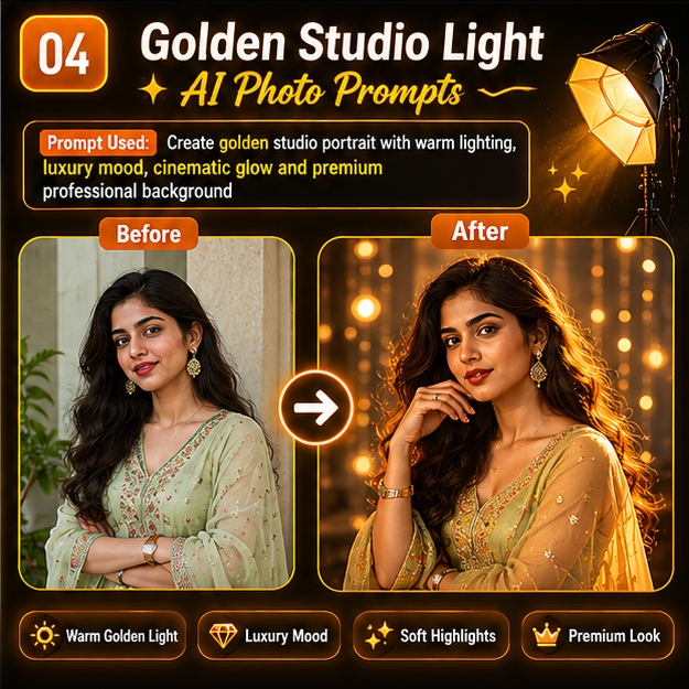 Studio lighting AI photo prompts before and after golden cinematic luxury portrait lighting