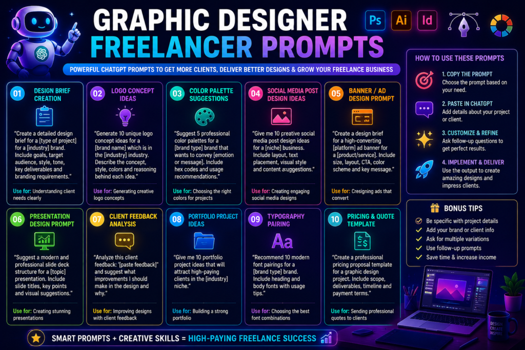 Best ChatGPT Prompts for Freelancers graphic designer freelancer prompts for logo design branding social media graphics and client projects