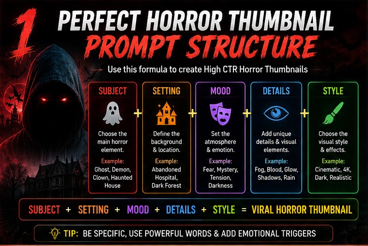 Horror & dark theme thumbnail prompts structure for cinematic horror thumbnails