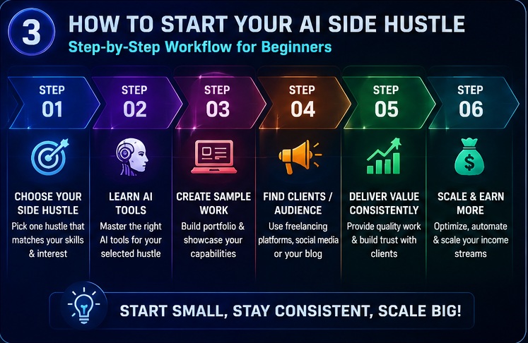 Step by step AI side hustle workflow infographic for beginners showing learning portfolio building and client acquisition process