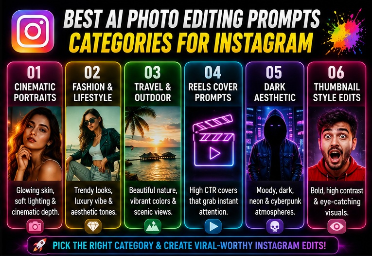 Best AI photo editing prompts for Instagram categories including cinematic portraits and reels covers