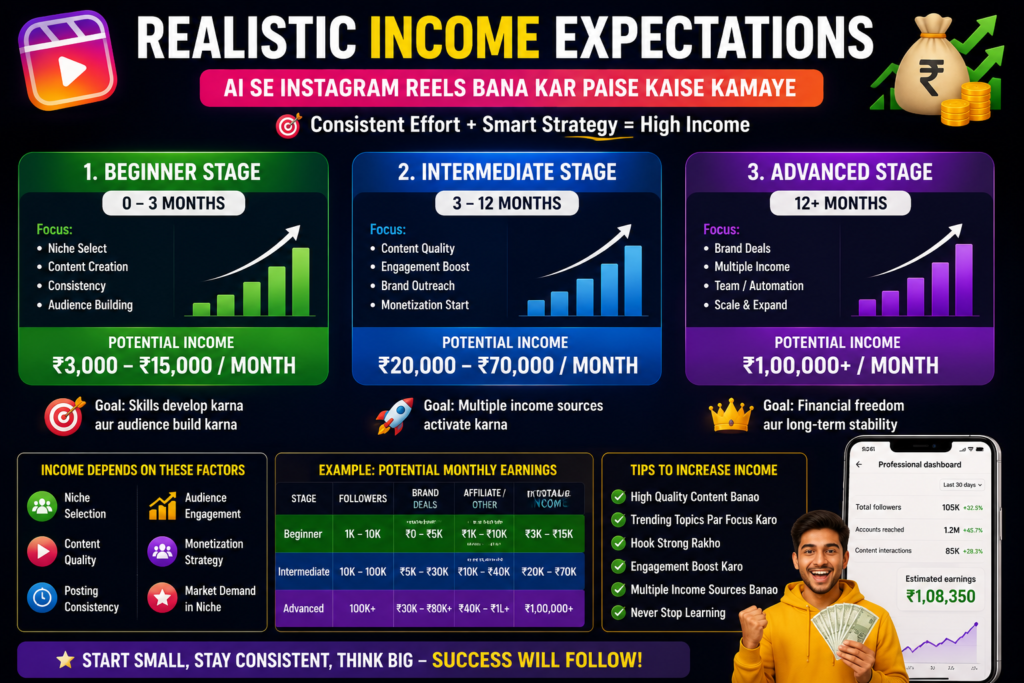AI Se Instagram Reels Bana Kar Paise Kaise Kamaye realistic income expectations guide