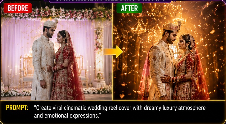 Instagram Wedding photo AI editing prompts before and after luxury cinematic wedding reel edit