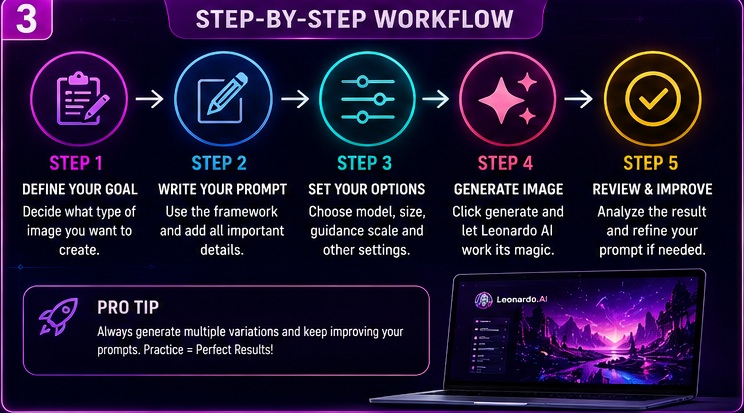 Step by step Leonardo AI image generation workflow from idea prompt writing settings and final image creation