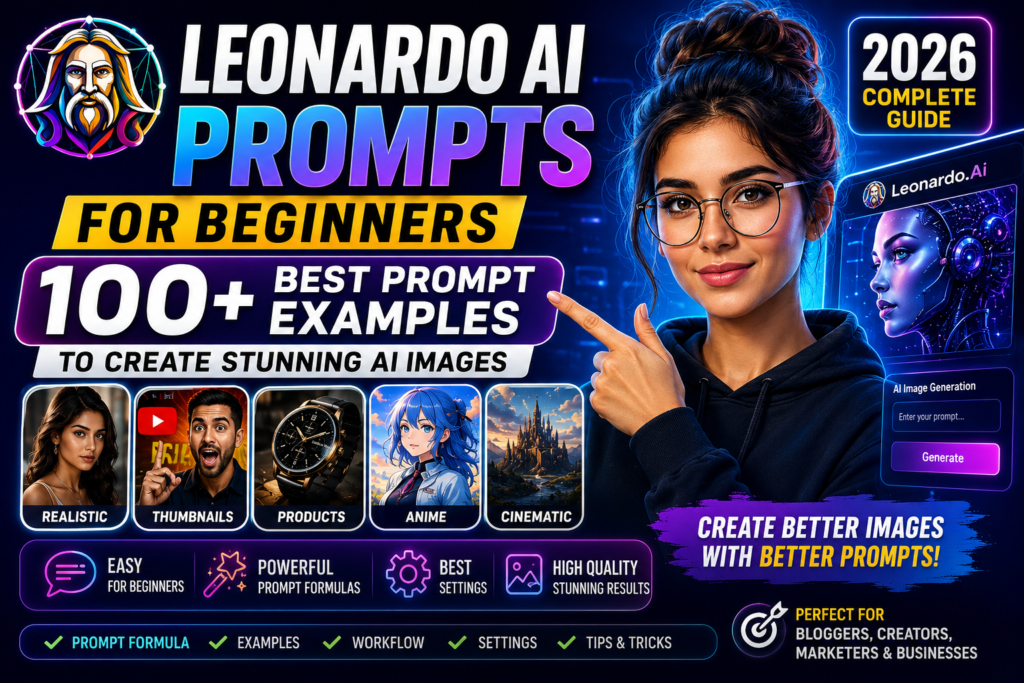 Leonardo AI prompts for beginners showing realistic images thumbnails product photography anime art and AI image generation examples
