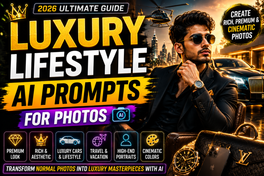 Luxury lifestyle AI prompts for photos with premium cinematic aesthetics and rich luxury photo editing