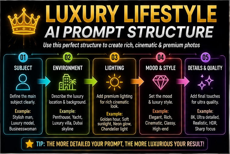 Luxury lifestyle AI prompts for photos structure for premium cinematic luxury edits