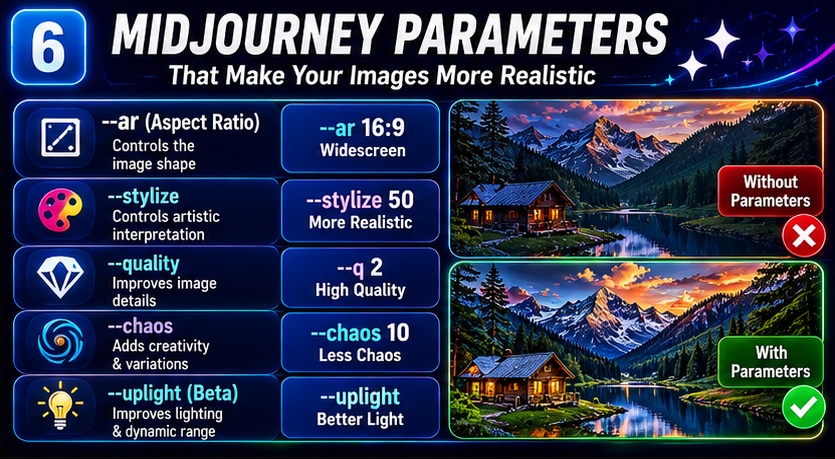 Midjourney parameters for realistic images including aspect ratio stylize quality chaos and upscale settings