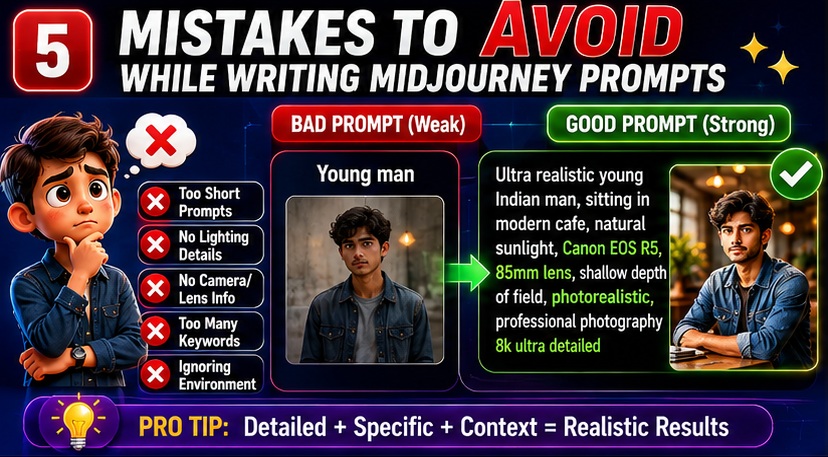 Common mistakes to avoid while writing Midjourney prompts for realistic images including weak prompts and missing camera details